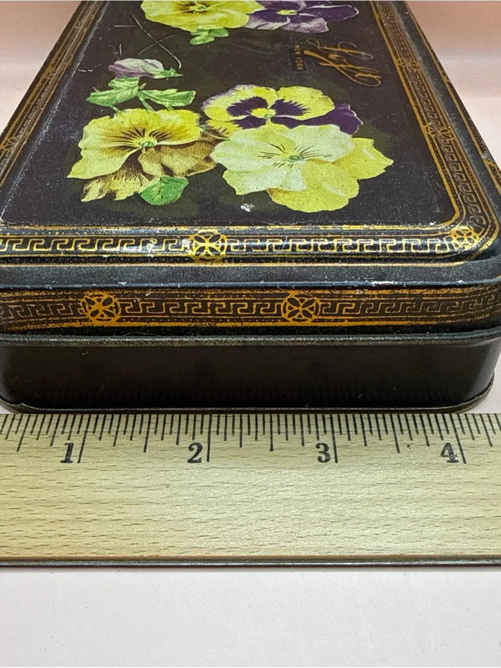 Antique Advertisement Tin Chocolate Candy Box Pansy Flowers LOFT NY Flip Top Lid